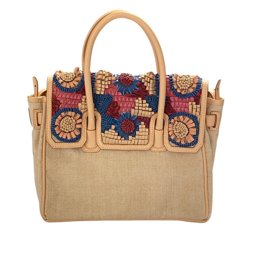 Sam Edelman Sylvia Floral Leather Jute Satchel Boho Convertible Tote